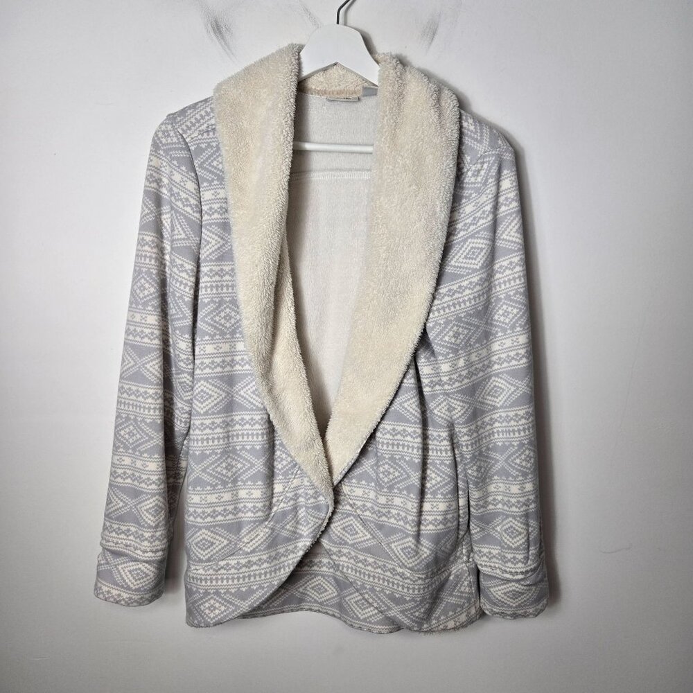 L.L. Bean Size S Sherpa Lined Cozy Gray Fair Isle Cardigan Shawl Collar Pockets